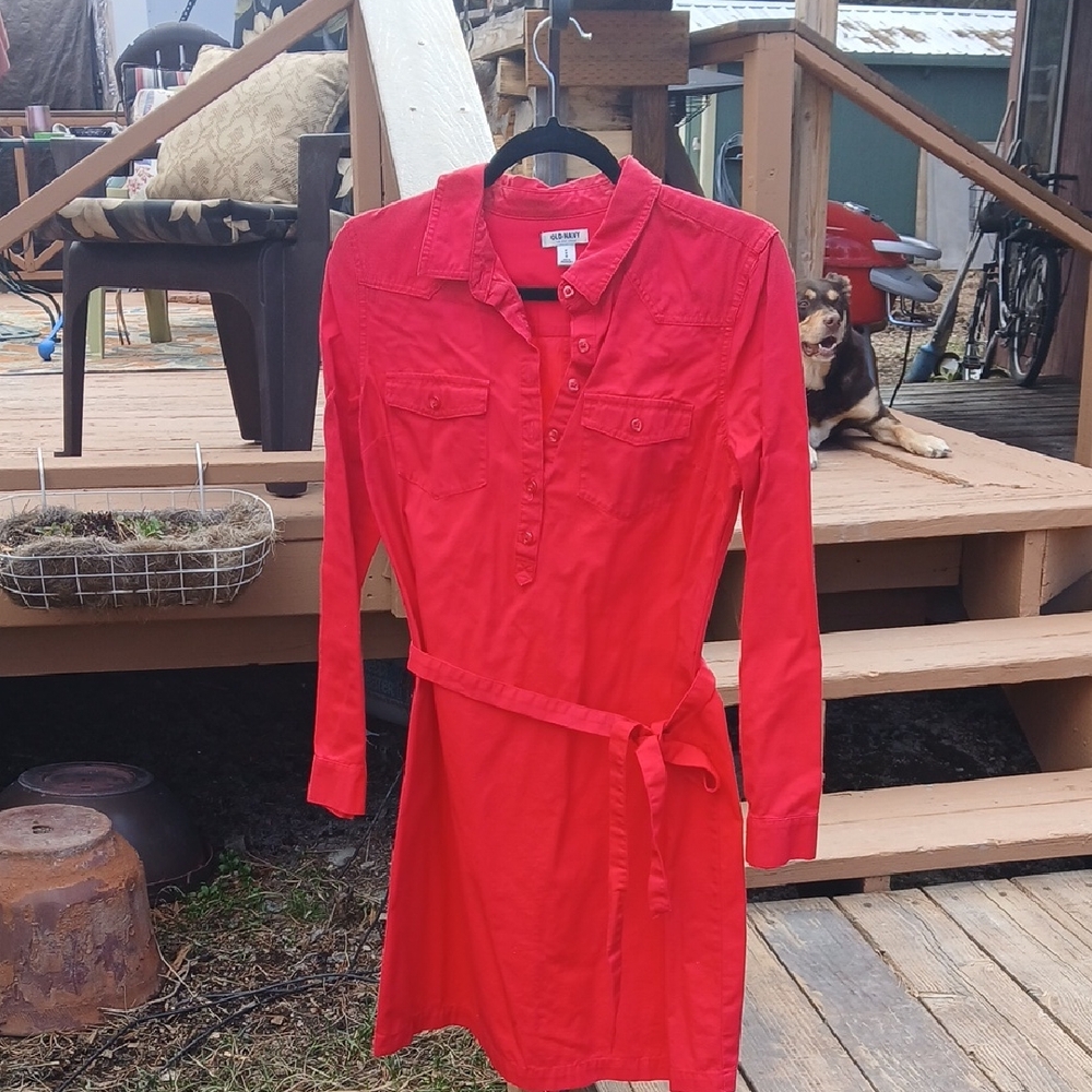Old Navy Bright Red Long-Sleeve Shirt Dress with Tie Waist